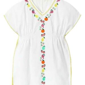 Mini Boden Girls Coverup Dress White With Multicolor Embroidery Size 5-6 Years